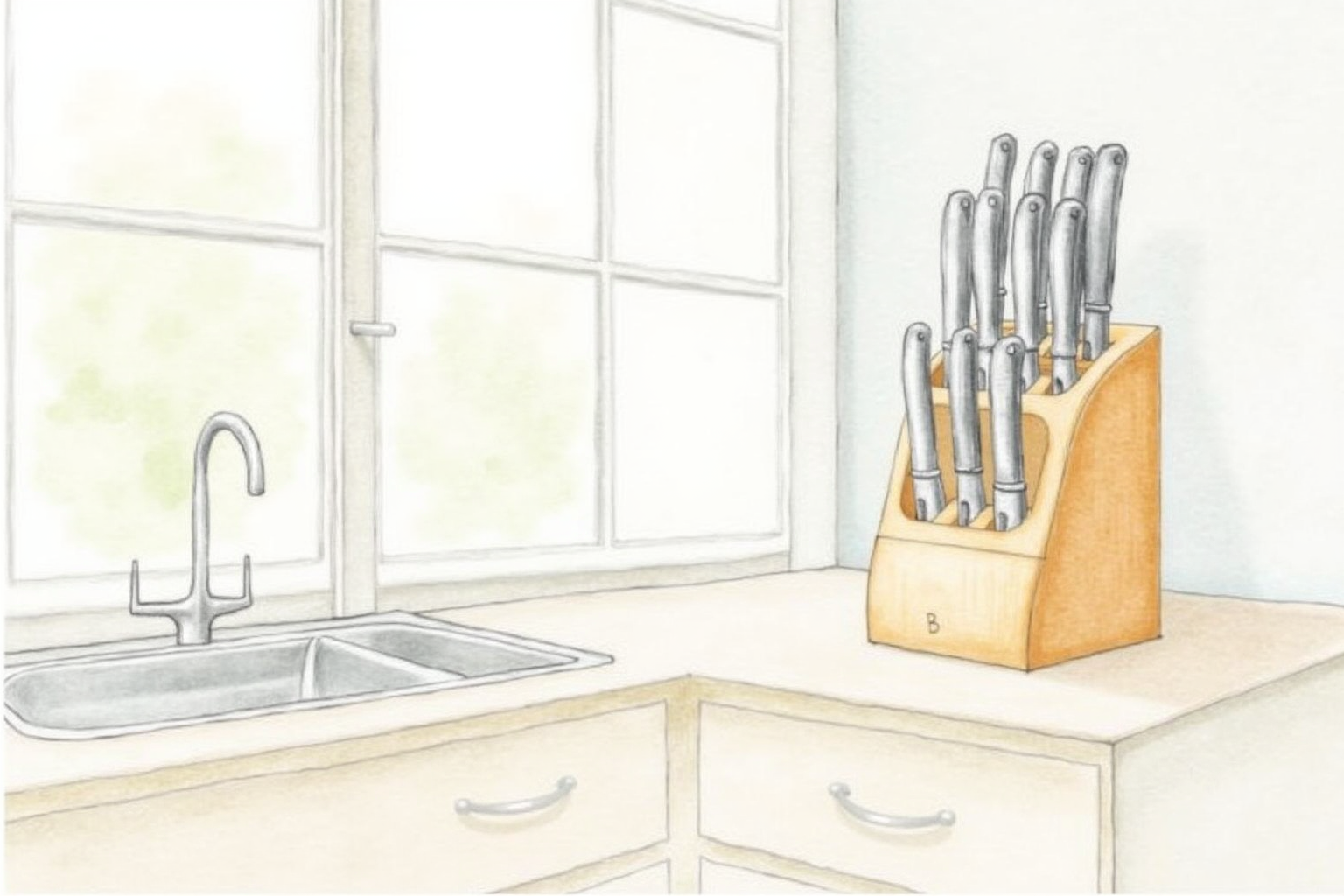 Clean kitchen counter with wooden knife block