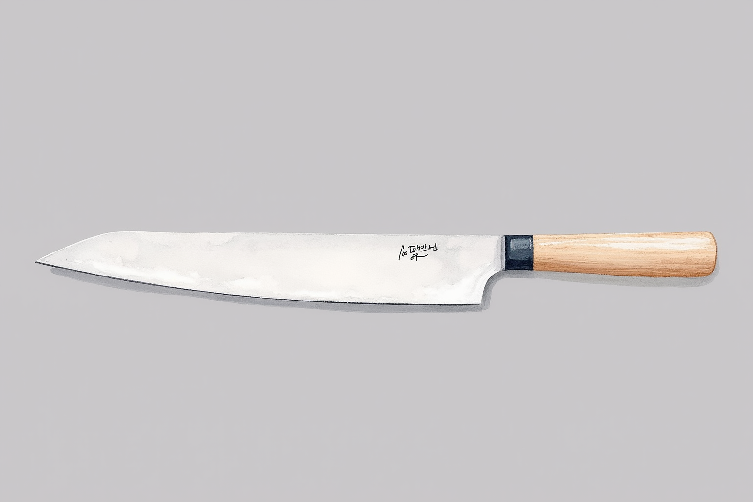 Side profile of a santoku knife with flat blade and granton dimples