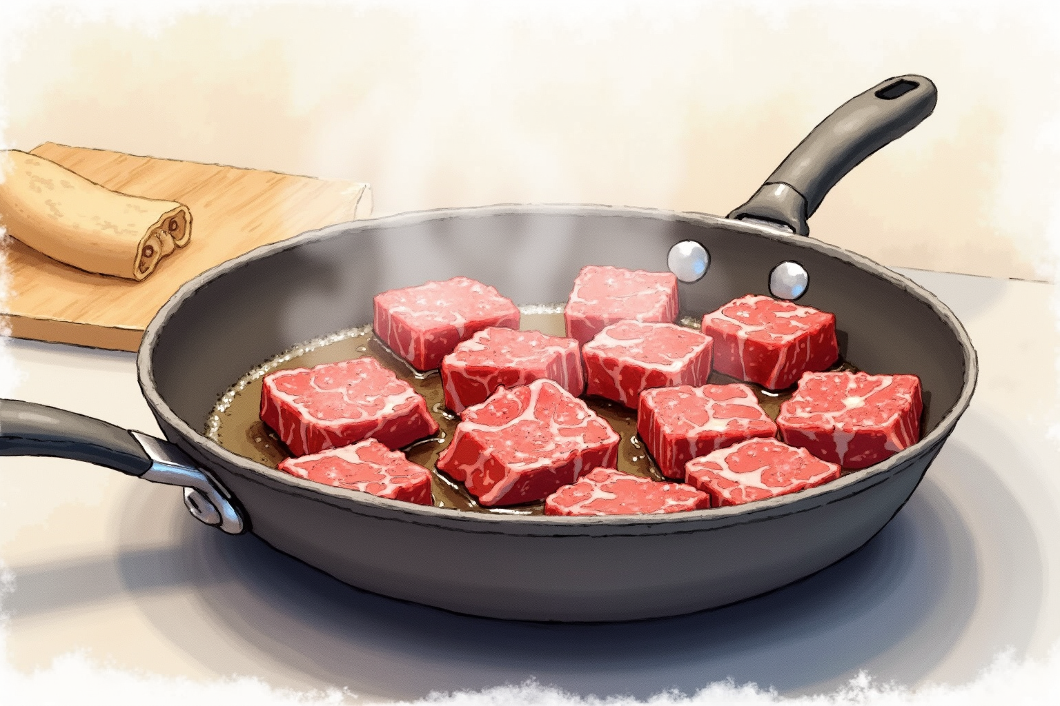 Tough beef chunks being browned in a heavy pan before braising