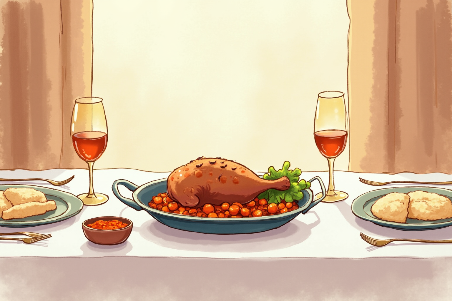 Family dinner table with a braised meat dish in the center
