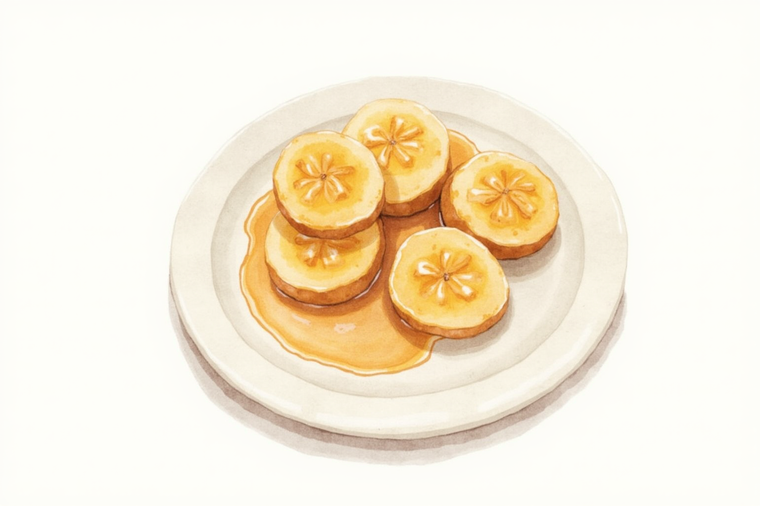 Caramelized banana slices on a plate with syrup drizzle