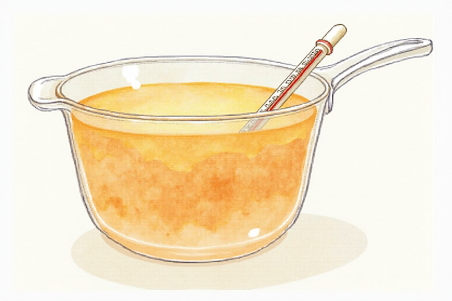 Thermometer probe in a pot of melting sugar transitioning to amber