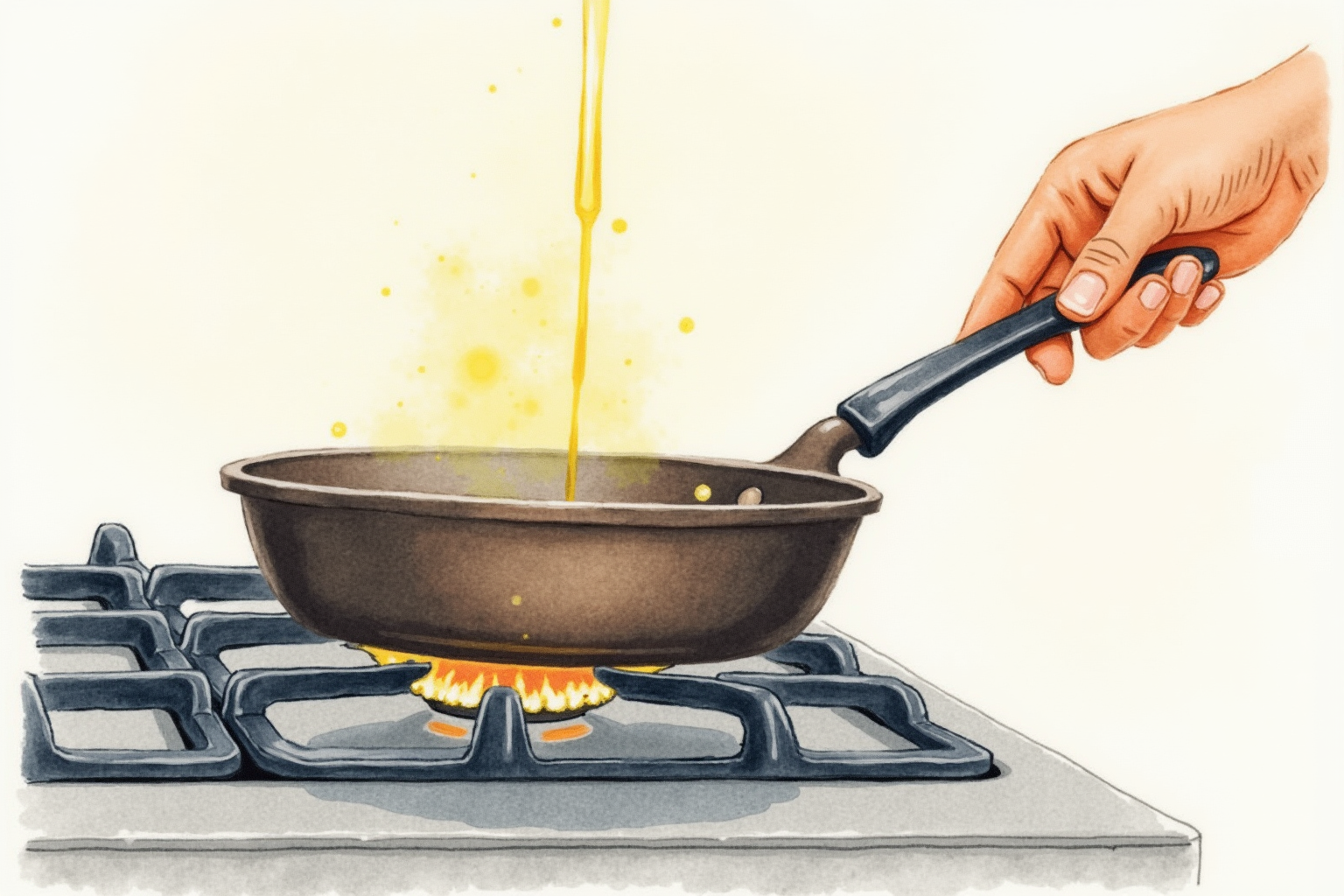 Hand pouring oil into a cast iron skillet over a gas flame