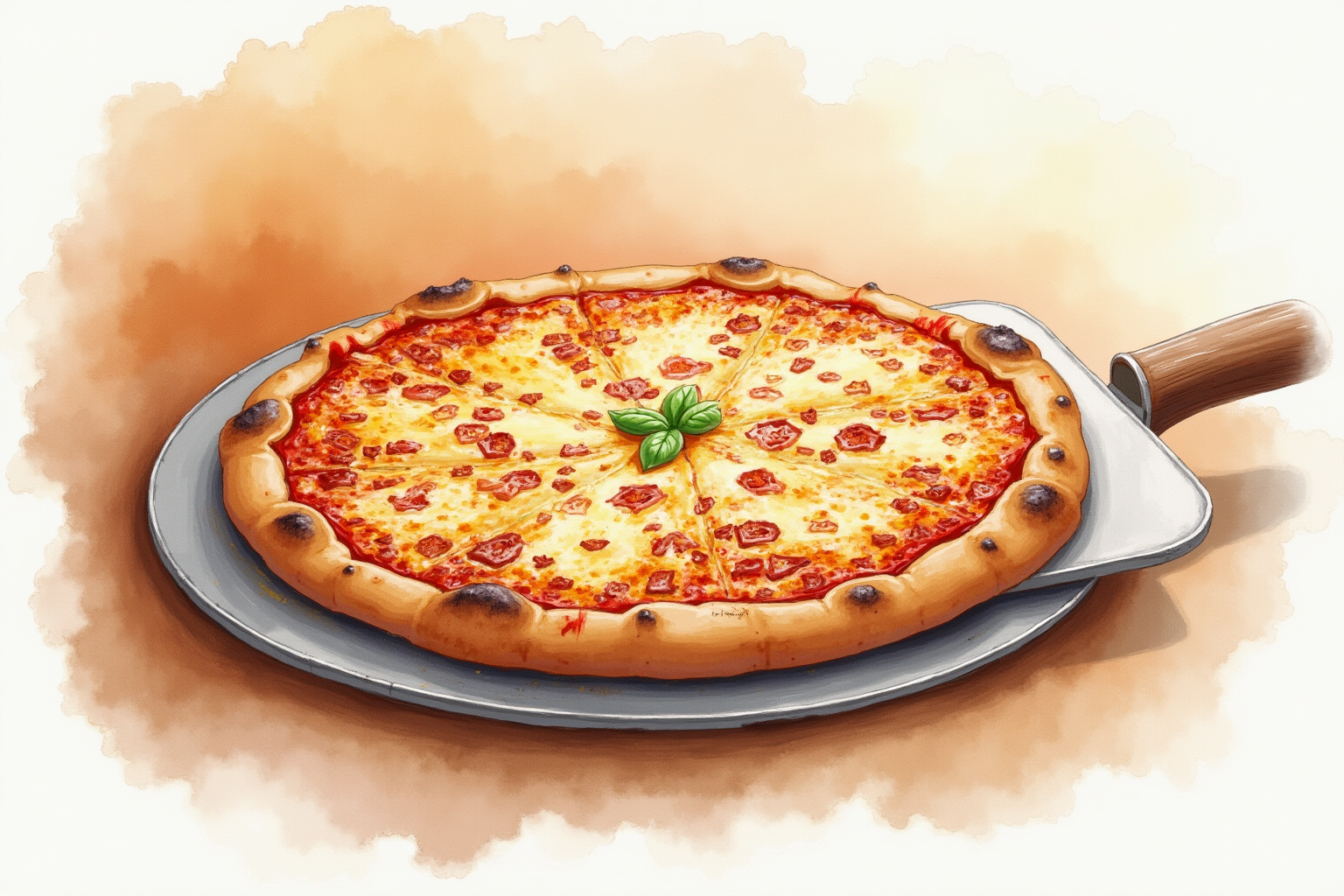 Pizza with charred bubbled crust being slid from a peel