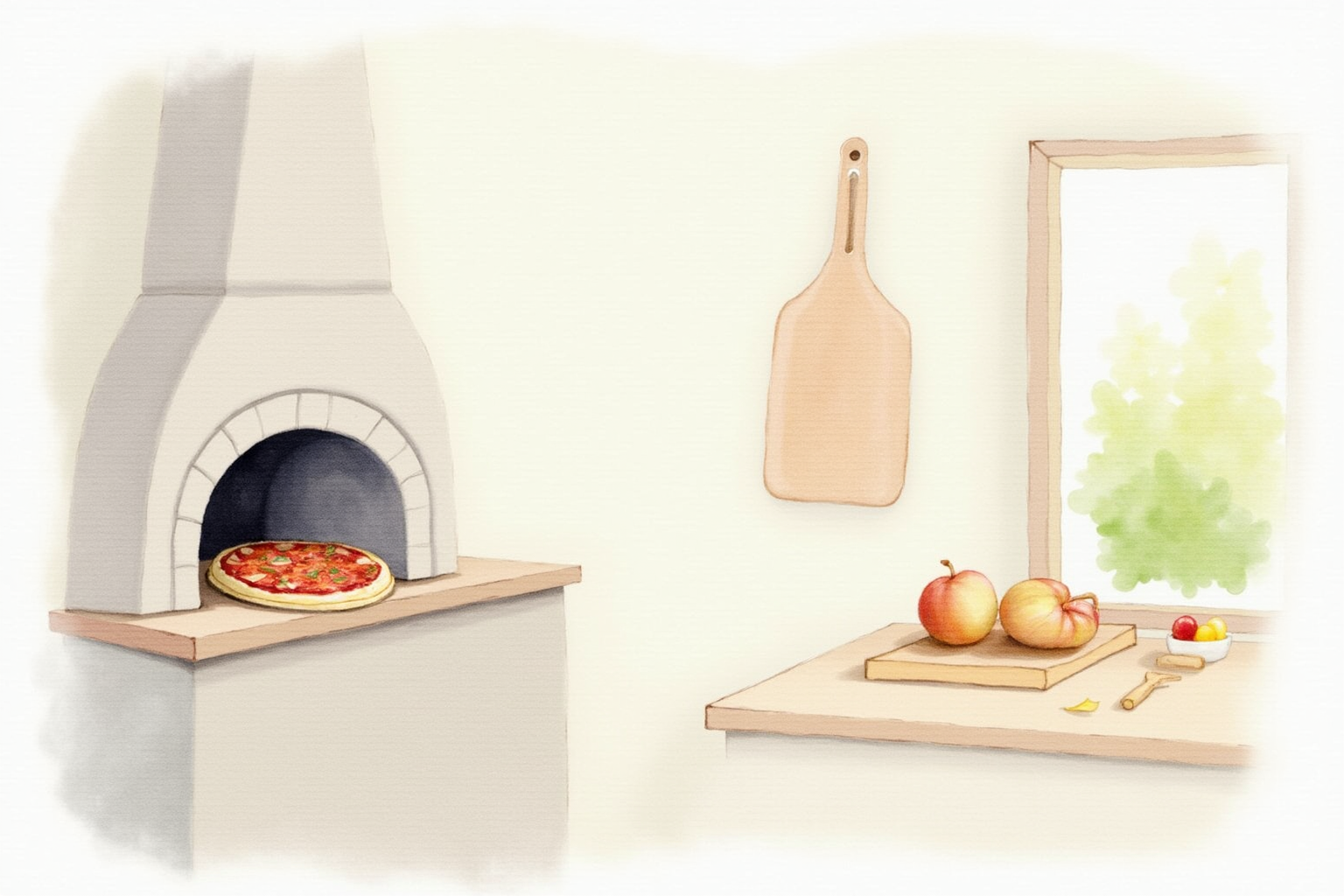 Clean kitchen with pizza peel hanging beside an oven