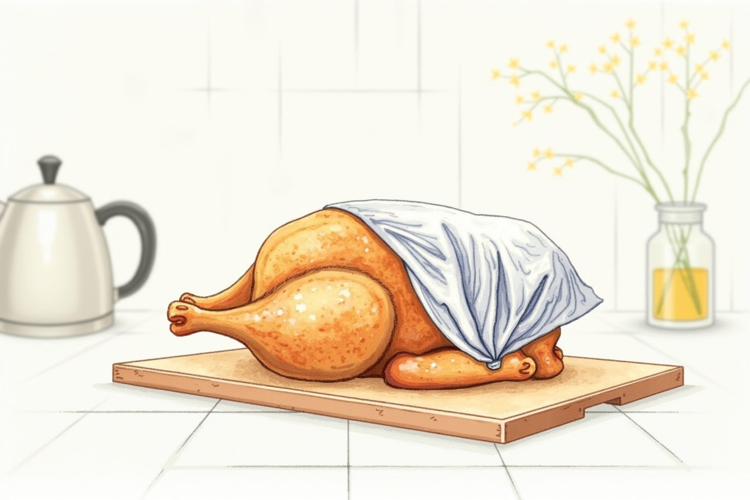Roasted chicken resting on a cutting board with foil tent