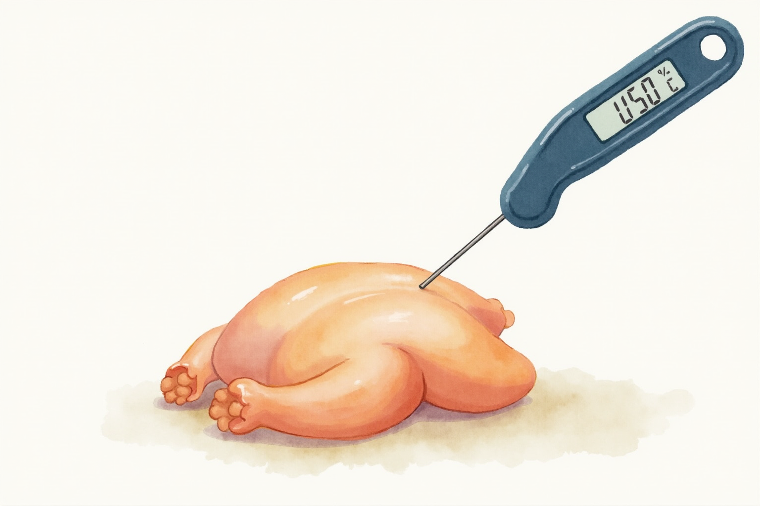 Instant-read thermometer inserted into chicken thigh checking doneness