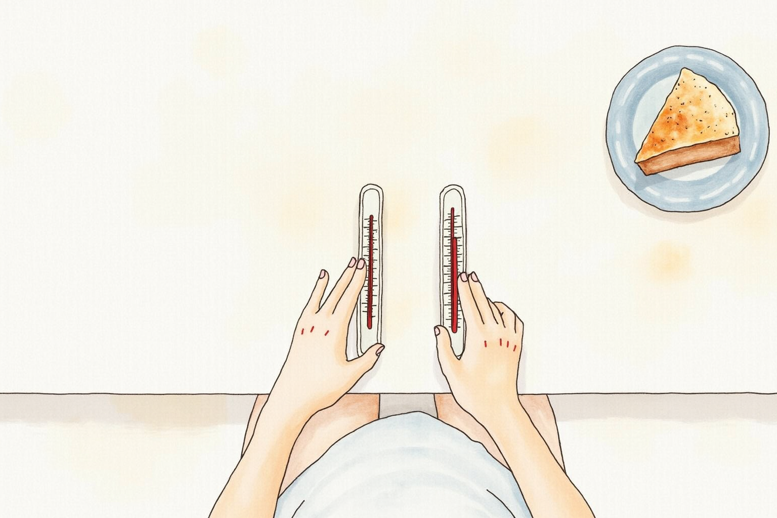 Baker comparing two thermometer readings on a kitchen counter