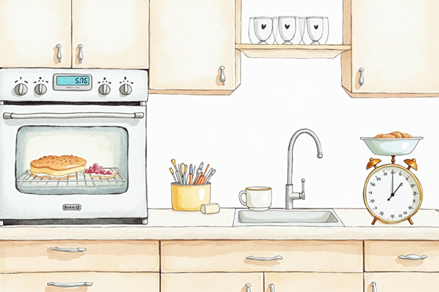 Modern kitchen with calibration tools (oven thermometer, scale)