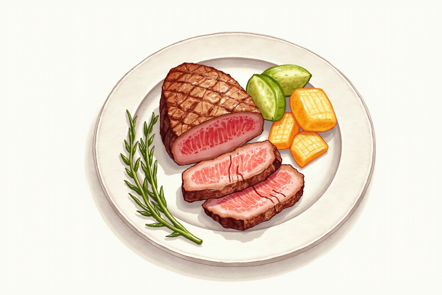 Finished dinner plate with rested sliced steak and vegetables