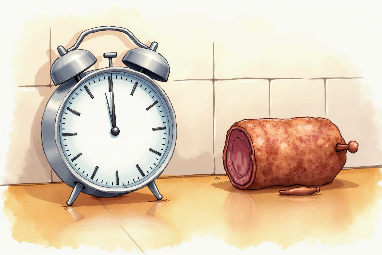 Kitchen timer counting down on a counter beside resting roast