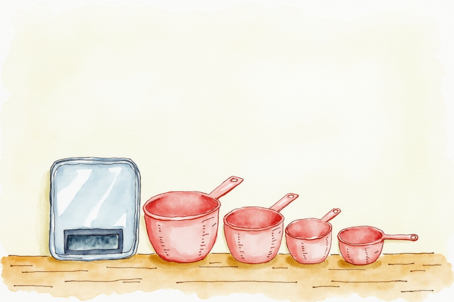 Measuring cups lined up beside a digital scale on a counter