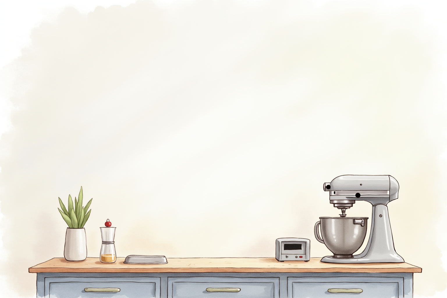 Clean kitchen counter with digital scale beside a stand mixer