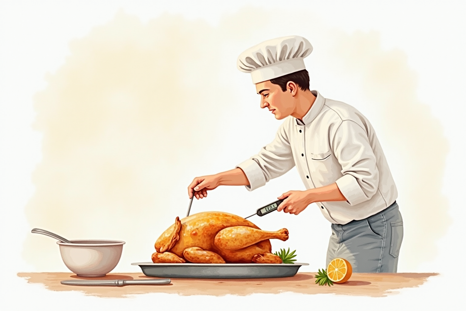 Chef checking doneness of a roast chicken with thermometer