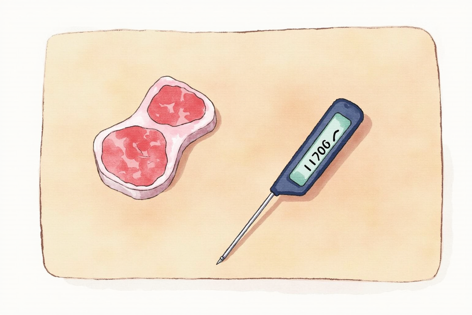 Digital instant-read thermometer with thin probe on a cutting board
