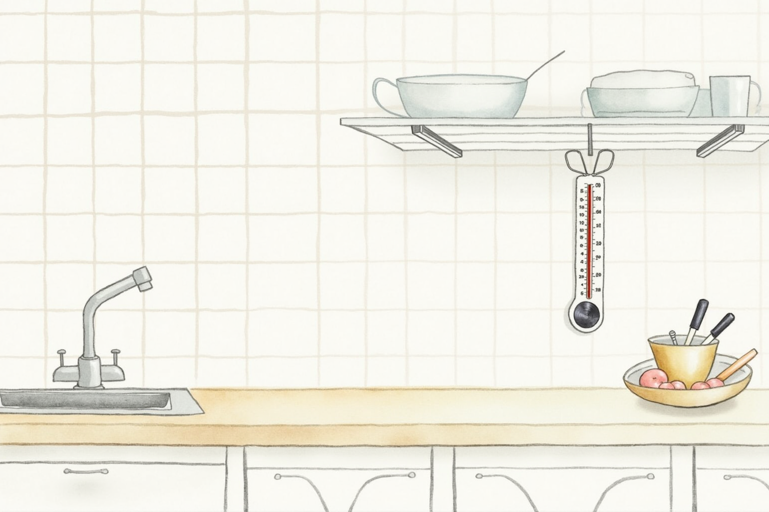 Kitchen thermometer hanging on a magnetic strip with other tools
