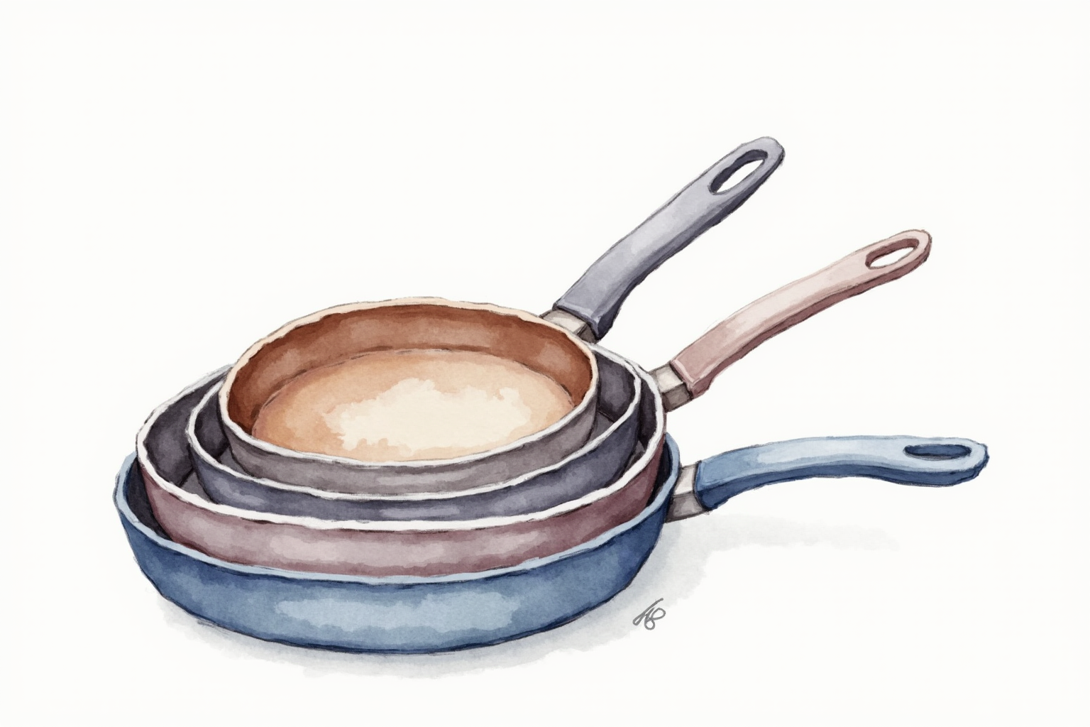 Three nonstick pans of different ages stacked together