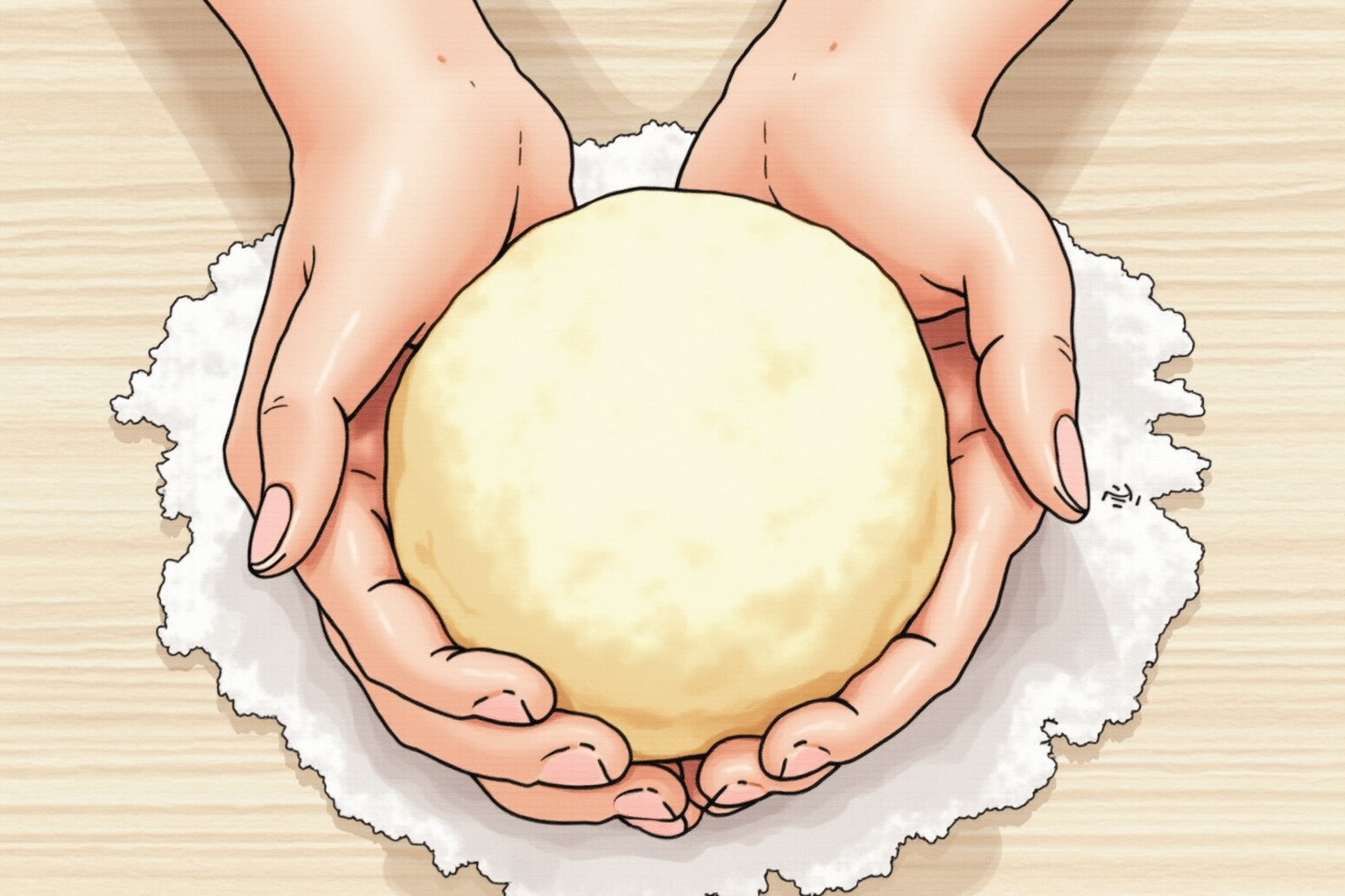 Hands shaping a round boule of bread dough on a floured surface
