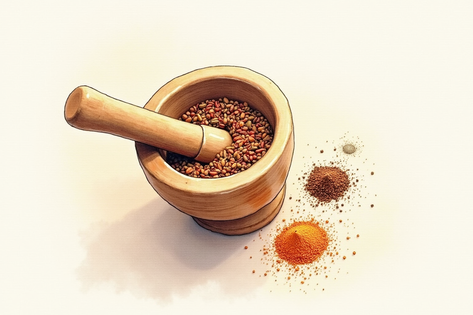 Mortar and pestle grinding whole spices on a kitchen counter
