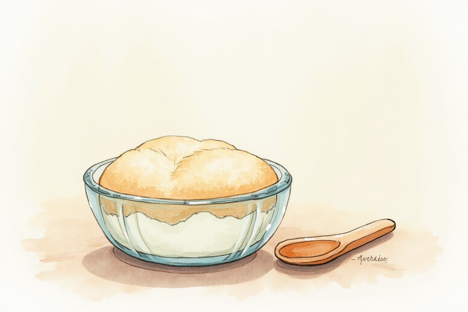Glass bowl with risen sourdough starter and wooden spoon