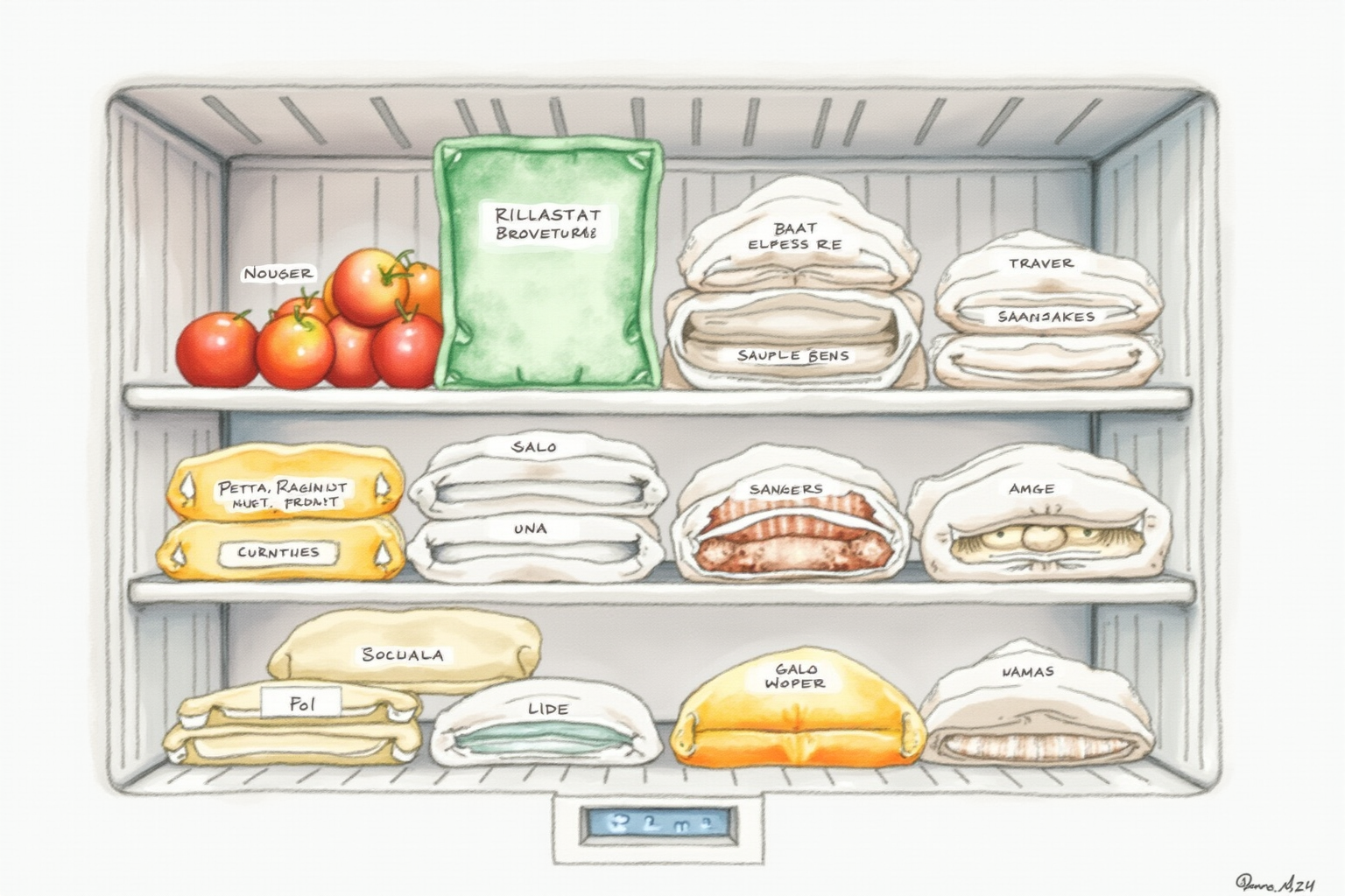 Organized freezer with labeled vacuum bags arranged by category