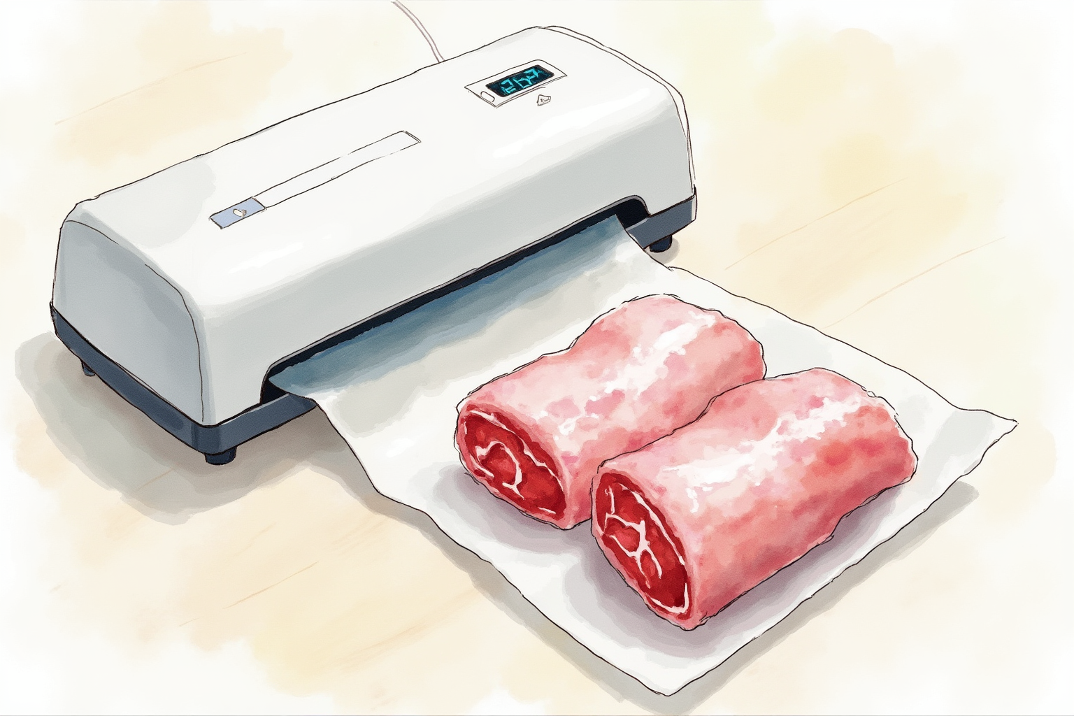 Vacuum sealer on a kitchen counter with sealed bag of beef