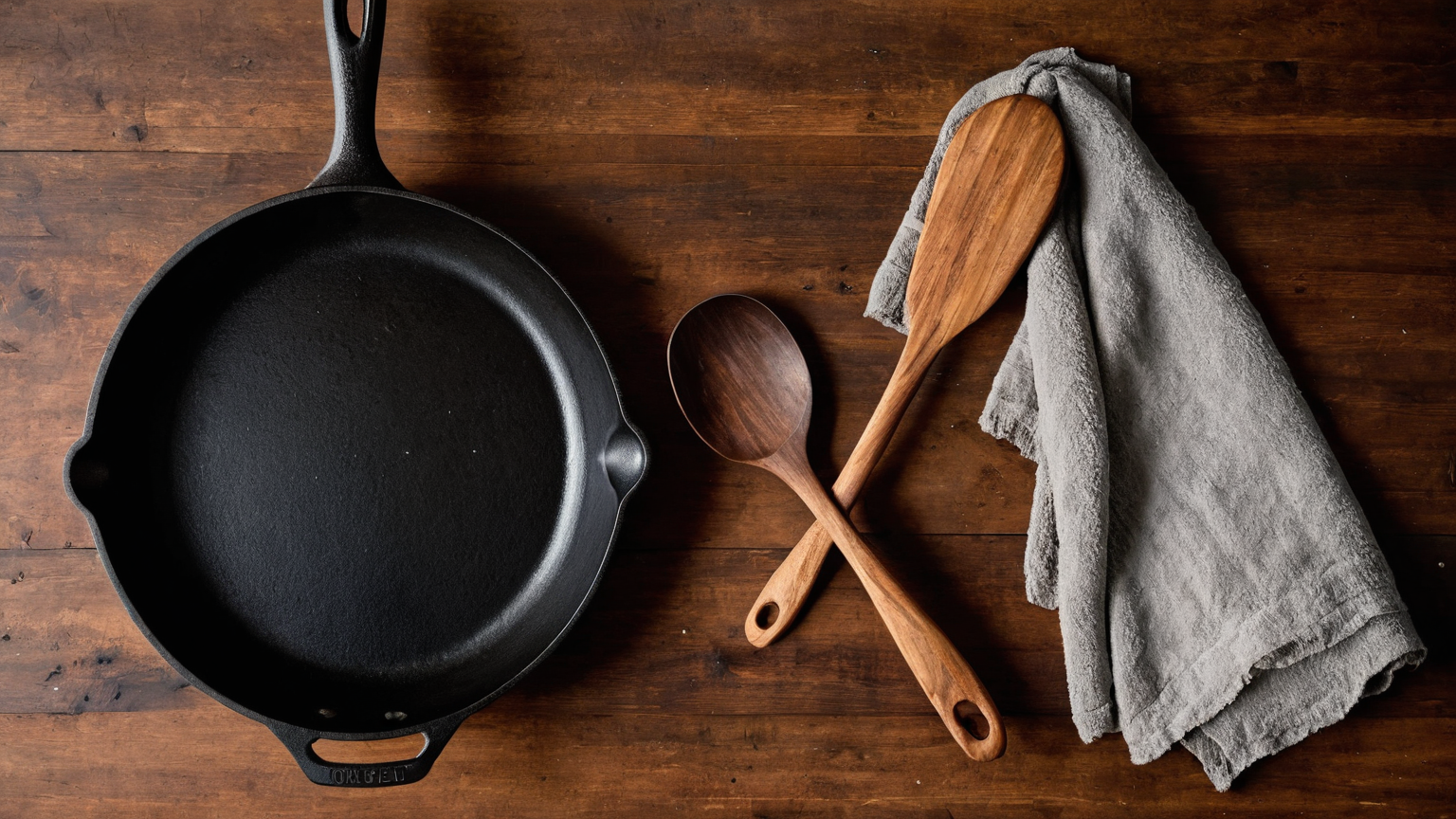 Overhead comparison of a heavy skillet with simple wooden utensils and blank towel