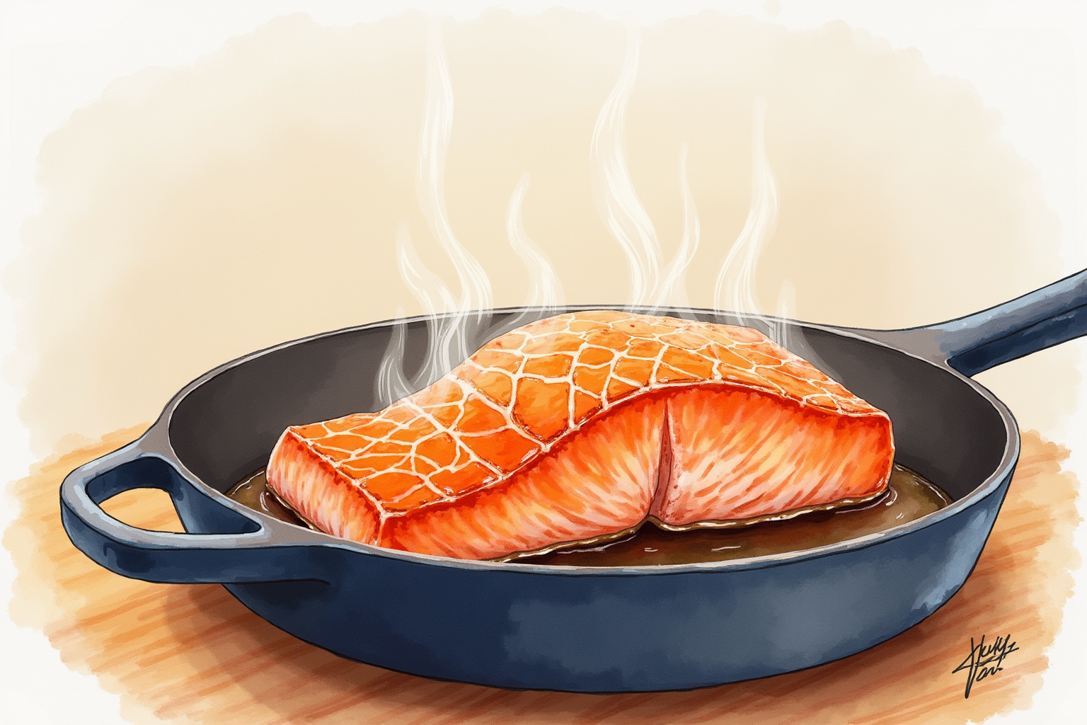 Watercolor kitchen scene comparing flat cookware bases on a glass induction surface, no text
