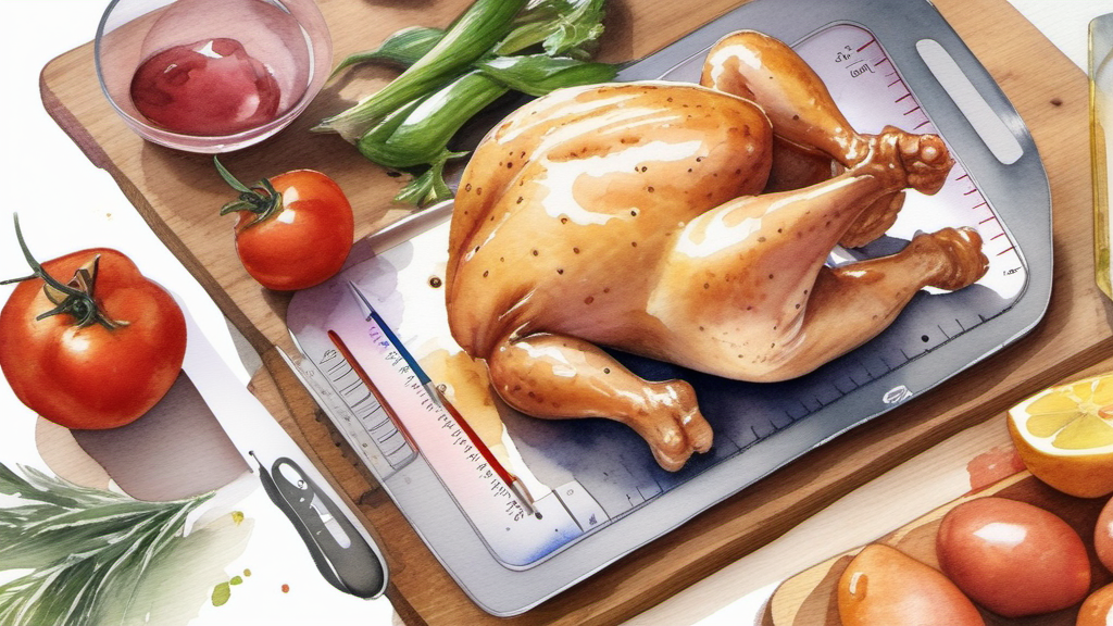 Food thermometer checking cooked chicken in a safe kitchen setup