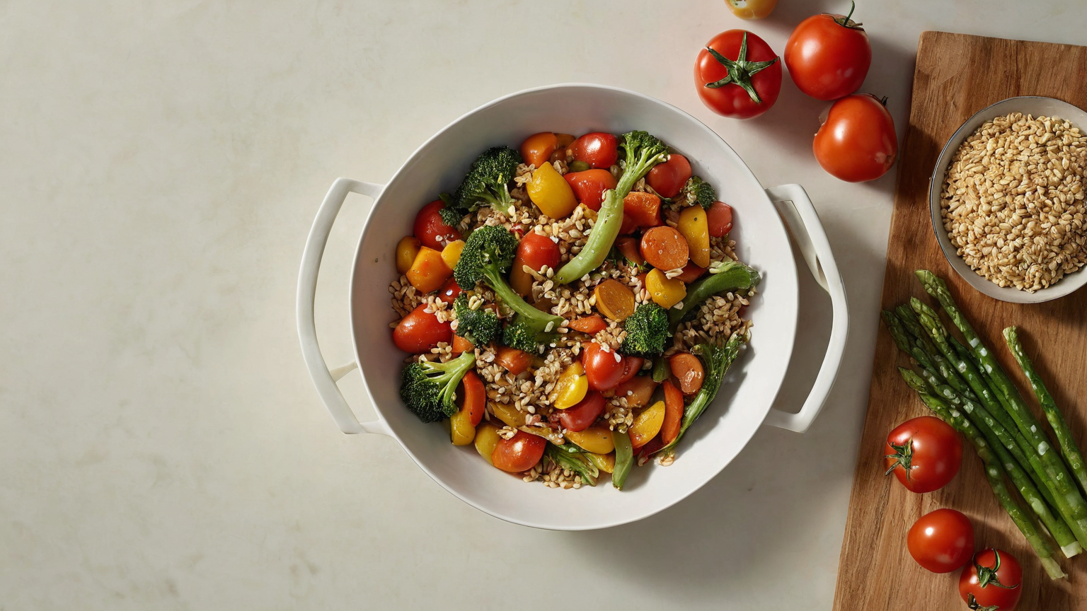 Shallow bowl of fully cooked vegetables prepared for reheating