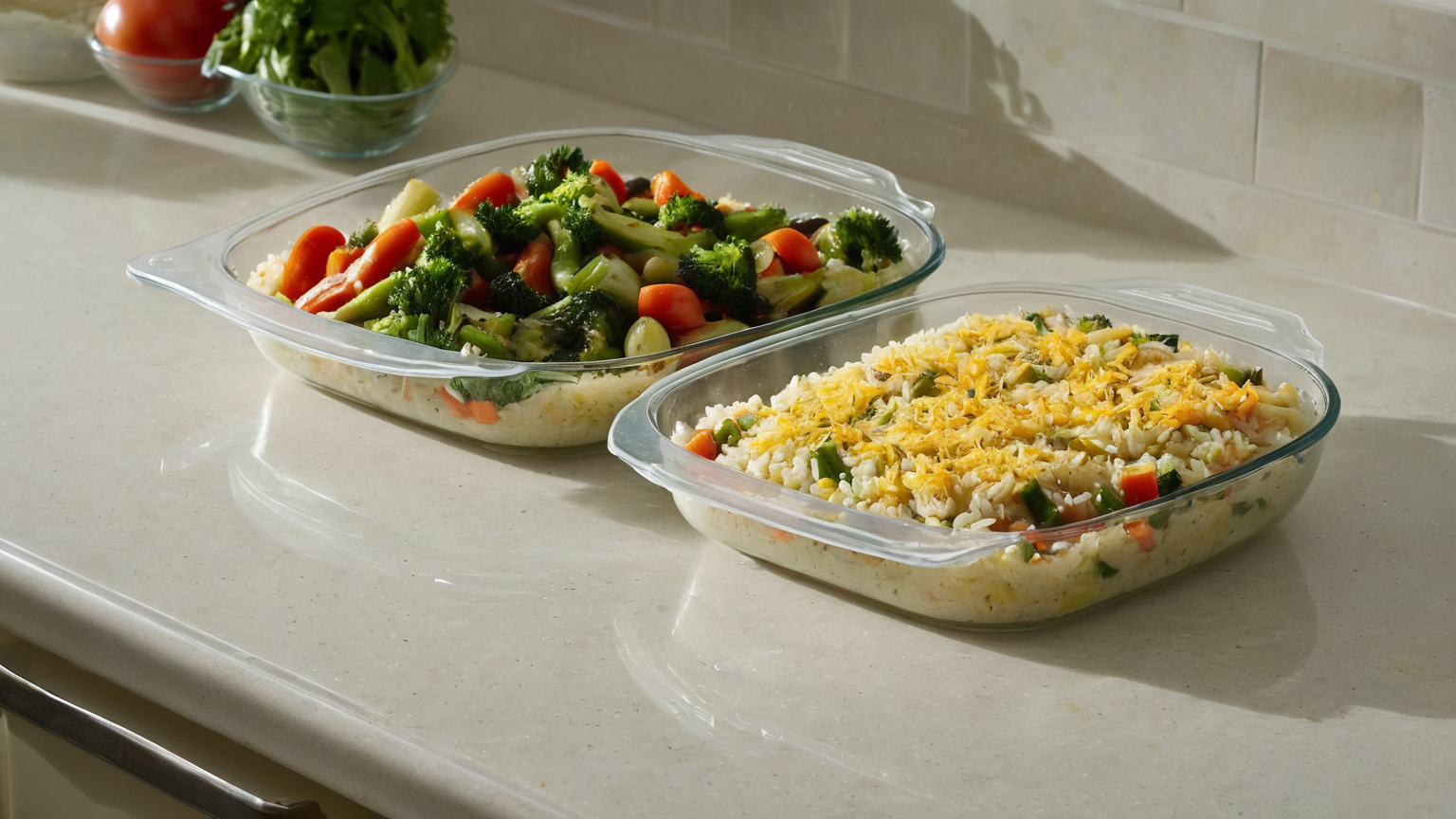 Evenly portioned cooked meal on a clean kitchen surface