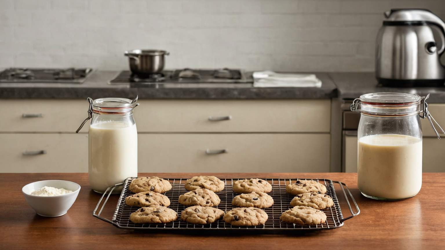 Fully baked cookies arranged on a clean kitchen work surface