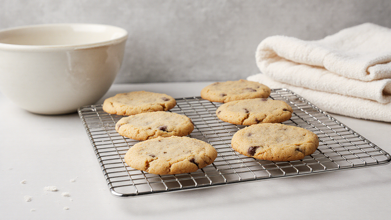 Baked cookies cooling on a rack beside a clean baking sheet