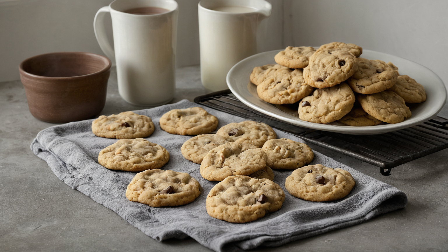 Baked cookies on a cooling rack with clean serving dishes nearby