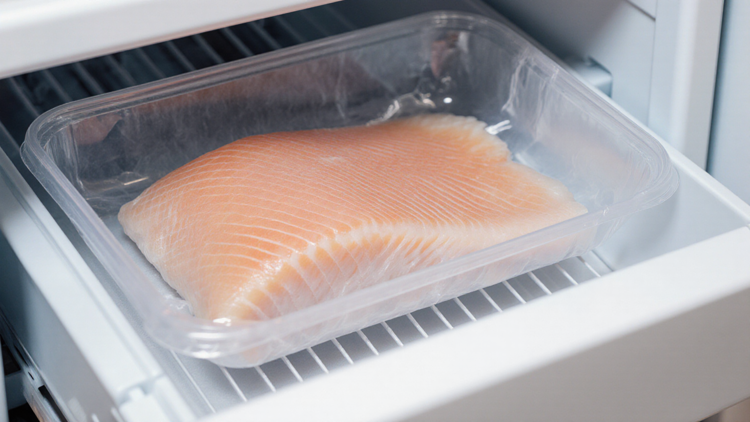 Frozen vacuum-packed fish set on a rimmed tray beside a refrigerator drawer