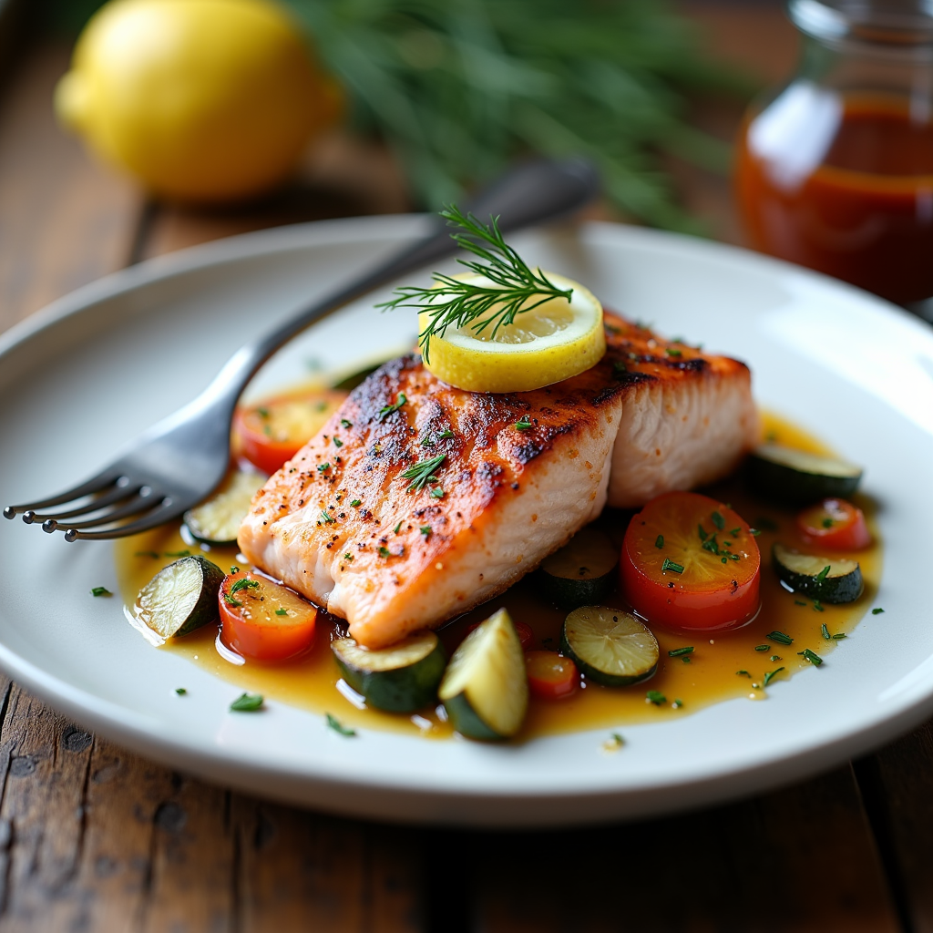 Plated salmon with roasted vegetables on a ceramic dish, fork beside