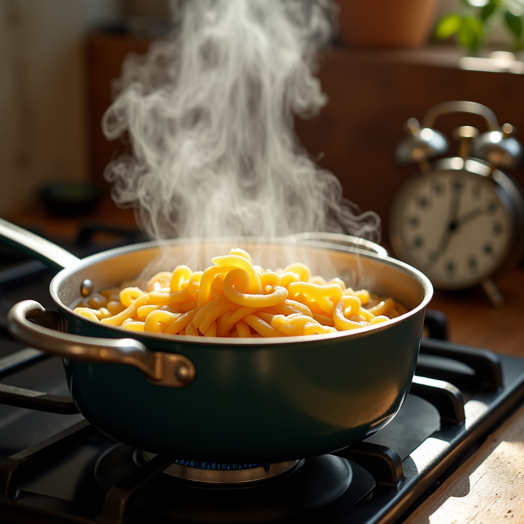 Watercolor illustration of saucepan on stovetop with steam abstract waves and vintage timer
