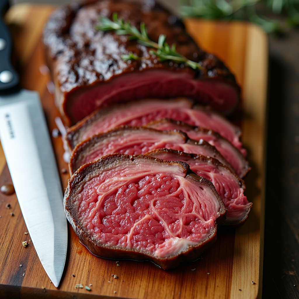 Watercolor illustration of a thick-cut steak cross-section with even pink edge-to-edge doneness on a wooden cutting board