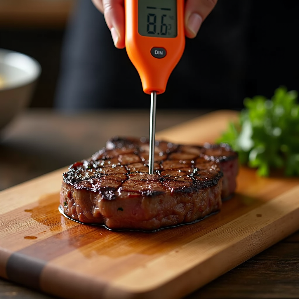 Watercolor illustration of an instant-read thermometer beside a thick-cut steak resting on a wooden cutting board