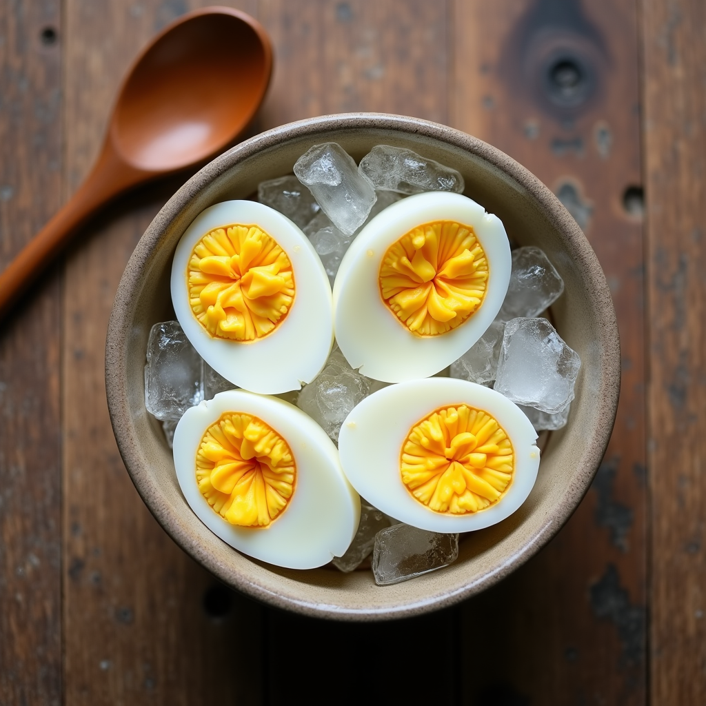 Watercolor illustration of soft-boiled eggs in an ice bath in a small ceramic bowl beside a wooden spoon